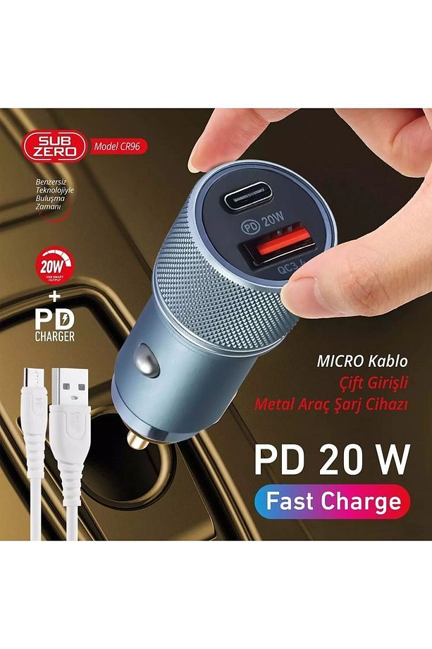 CR96 USB Micro Kablolu Type-C Çakmaklık Şarj Seti Metal Car Charger Type-C 20W PD QC - 2
