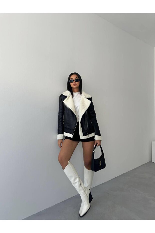 Women's Fur-Trimmed Side-Pocket Long Leather Coat