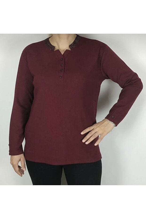 Sports Mother's Bluz with Stone Collar and Buttons