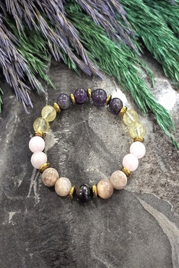 Aries Natural Stone Bracelet: Tourmaline Sunstone Amethyst Citrine Pink Quartz Hematite
