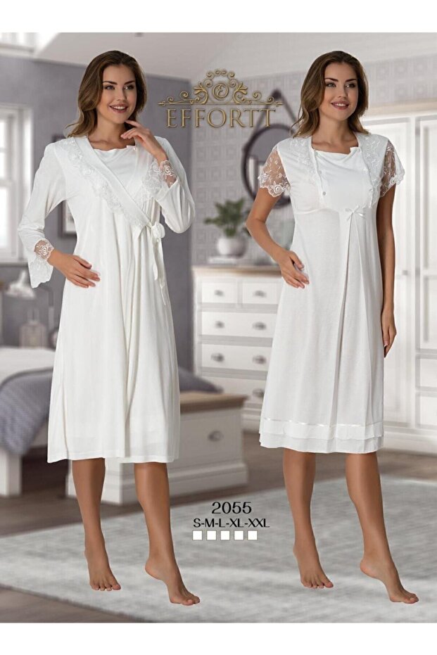 Women's White Lace Detailed Dressing Gown Nightgown Set