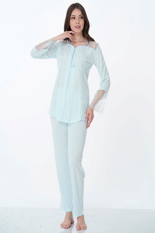 Cotton Maternity and Postpartum Pajama Set with Breastfeeding Feature – Elastic Waistband Effortt - Turquoise