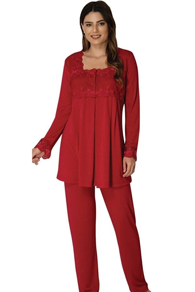 Effortt 2403 Fuchsia Robe Lace Maternity Pajama Set