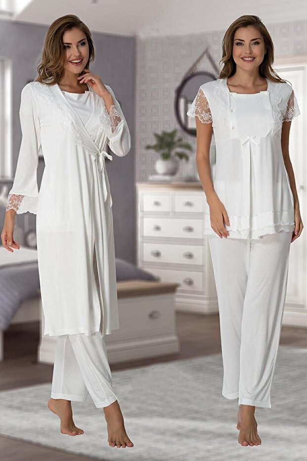 Lace Detailed Summer Maternity Pajamas Set with Sabaklik