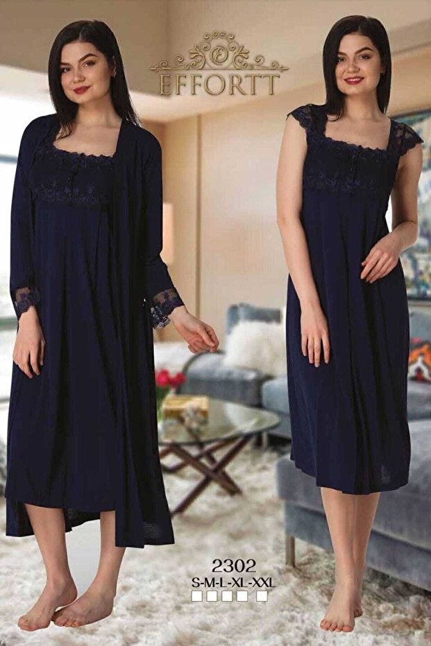 Pregnant Efortt Maternity Nightgown Dressing Gown Set Navy Blue