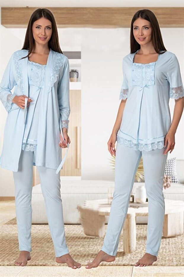 Freya Effort Maternity Pregnant Lace Sleeve Pajama Set with Dressing Gown