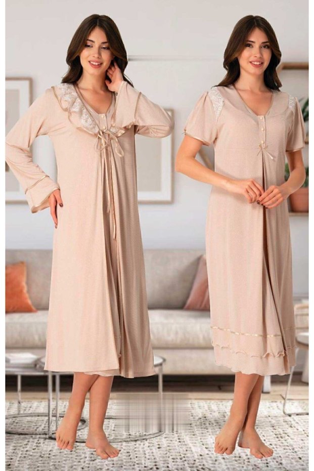 Women's Milk Coffee Effortt 8025 Pregnant Maternity Nightgown Set with Lace Collar