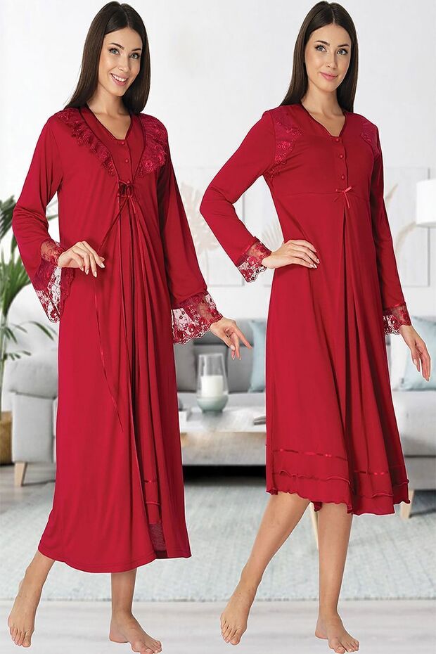 Zerre Bebe Women's Fuchsia Maternity Long Sleeve Nightgown Set with Dressing Gown 2425