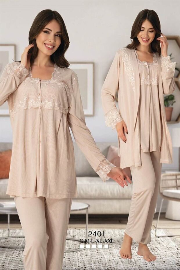 2401 Maternity Pajama Set with Milk Coffee Dressing Gown