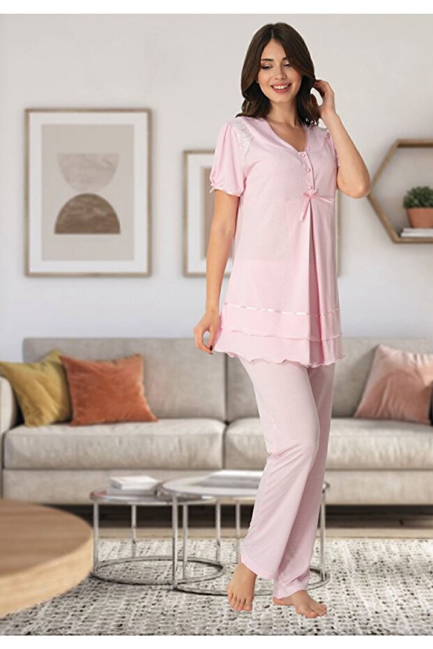 Effort Pink Maternity Pajamas with Lace Shoulders 8022