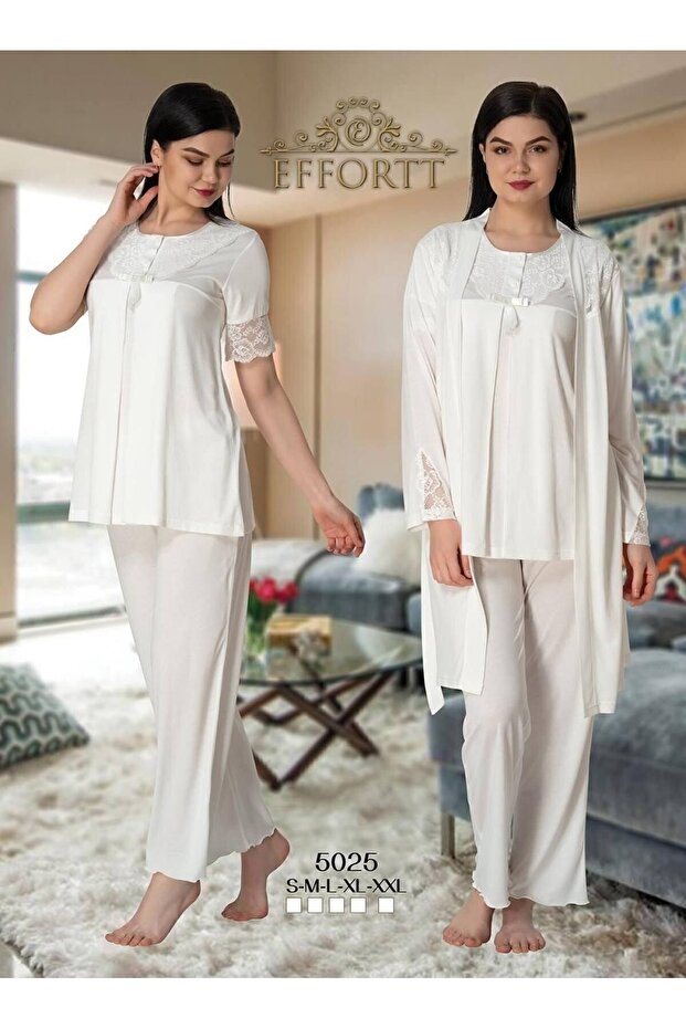 Pinnak Women's White Maternity Pajama Set with Dressing Gown