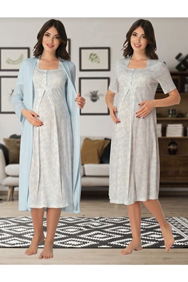 Women's Blue Maternity Maternity Dressing Gown Nightgown Set