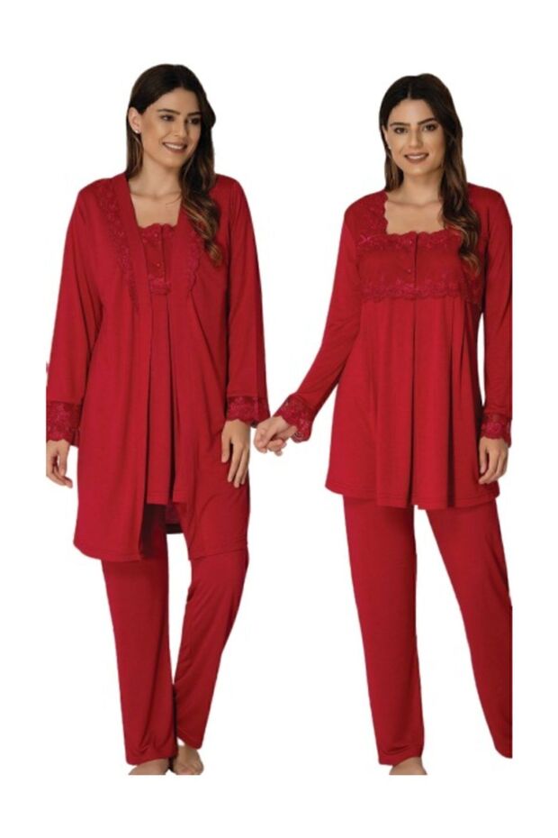 Effort Red Long Sleeve Maternity Pajamas Set with Dressing Gown 2401