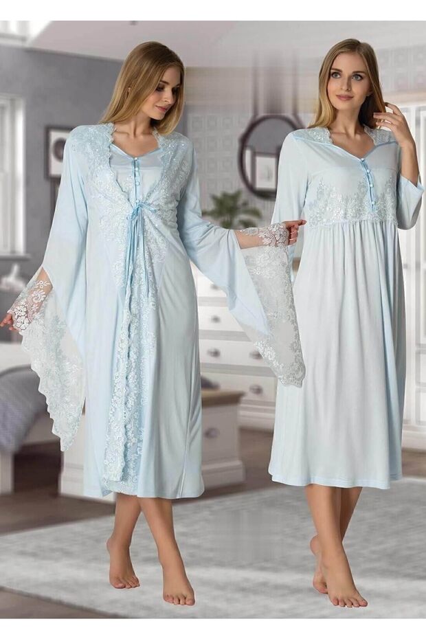 Effortt Blue Maternity Nightgown Set with Dressing Gown