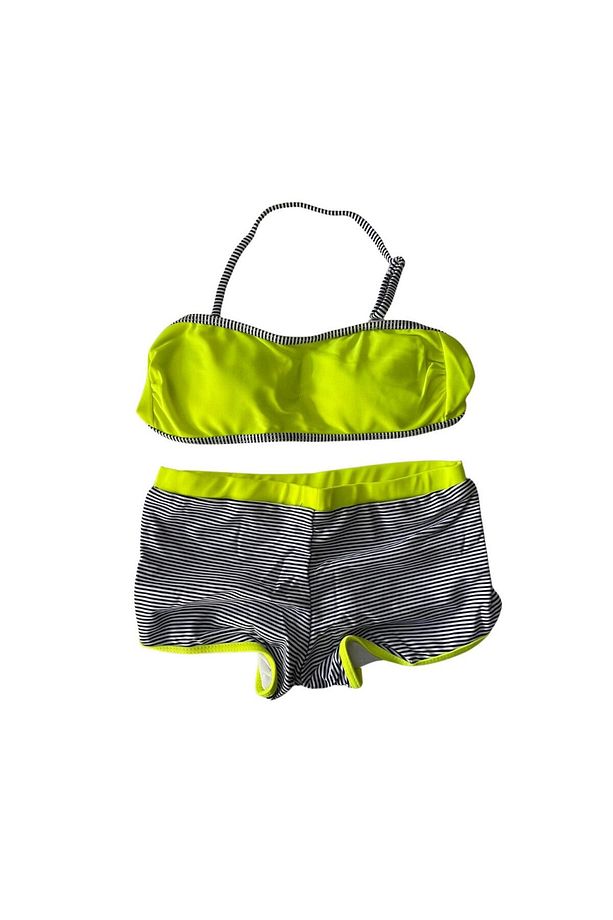 Kız Çocuk Neon Sarı Siyah Çizgili Şortlu 4-12 Yaş Straplez Bikini Takım HZL24S-LC9034 - 1