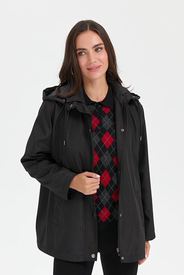 Women's Hooded Short Trench Coat with Side Pockets Black