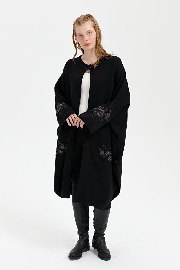Women's Stand Collar Sleeve and Pocket Embroidered Poncho Black