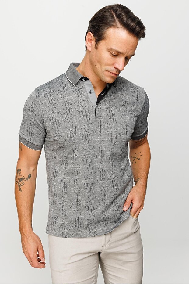 Men's Polo Neck Jacquard Short Sleeve T-shirt Black