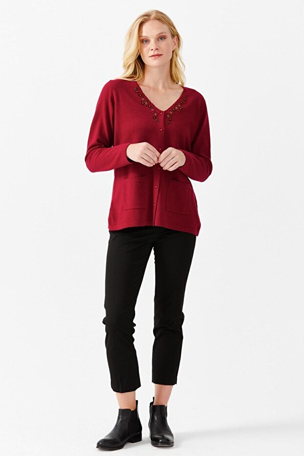Women's V-Neck Embroidered Buttoned Thin Cardigan