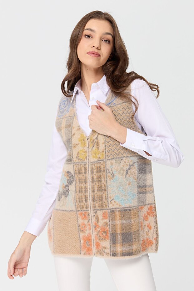 Kadın V Yaka Patchwork Yelek Bej - 7