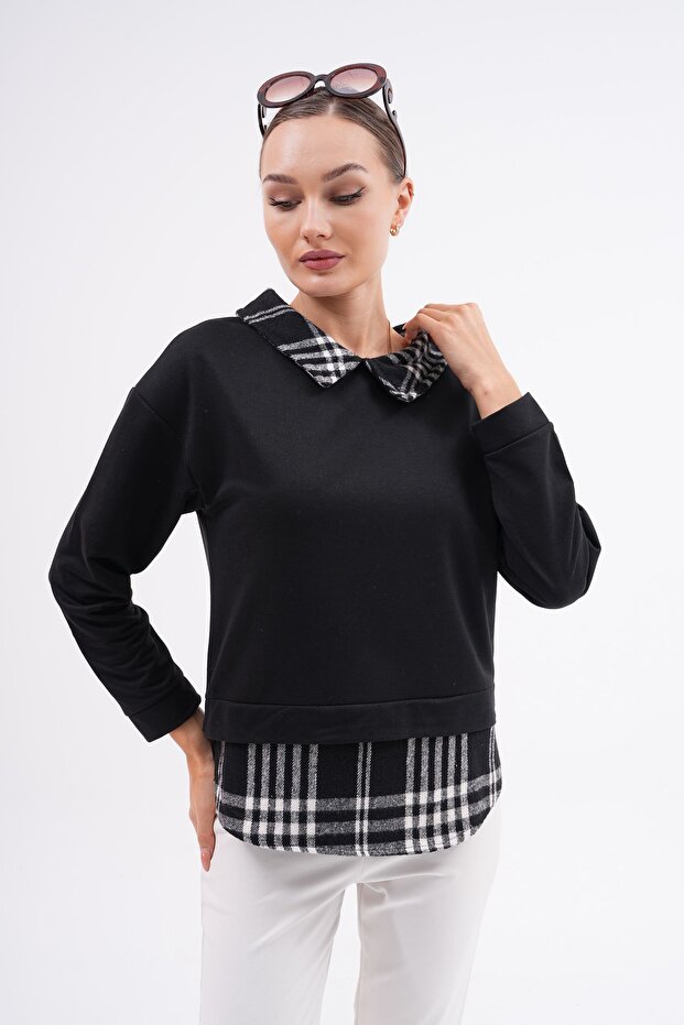 Kadın Siyah Gömlek Yaka Sweatshirt - 5