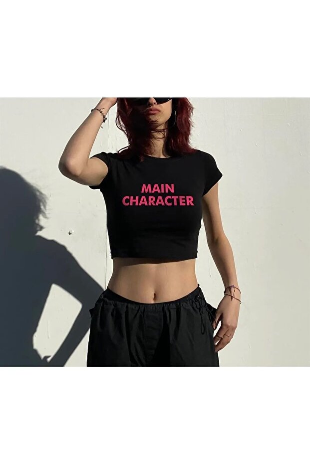 Main Character Printed Black Color Crop