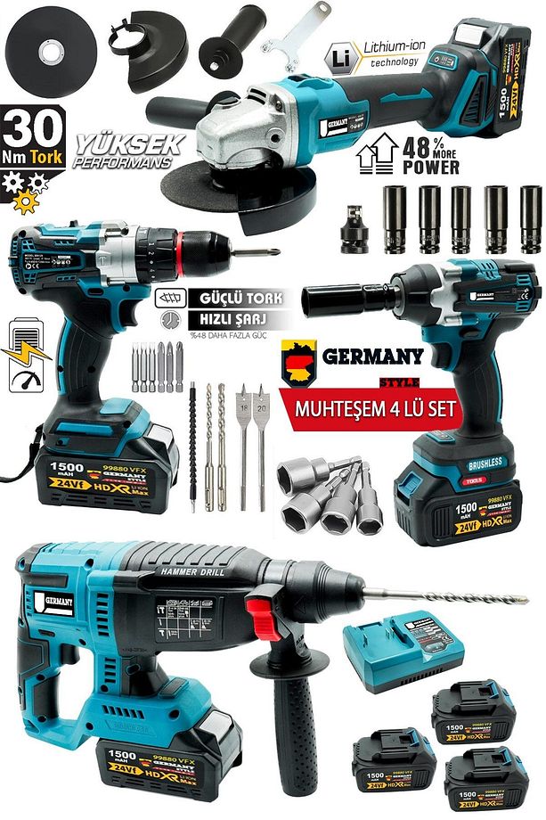 4'Lü Set 99880VPX Şarjlı Taşlama- Şarjlı Hilti-13mm Darbeli Şarjlı Matkap-Şarjlı Somun Sıkma - 1