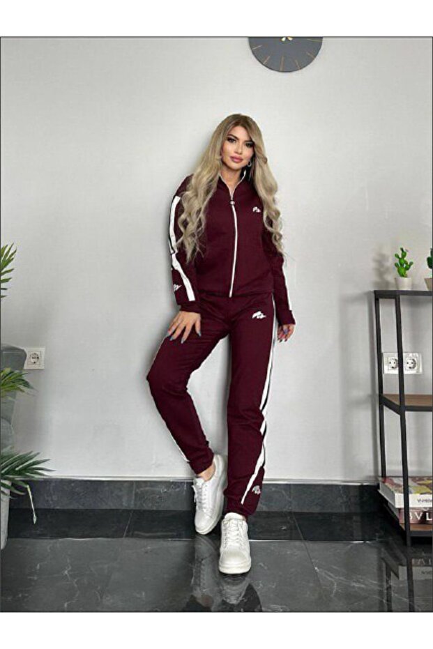 Women's Burgundy Tracksuit Set 2-Piece Embroidery Model 412