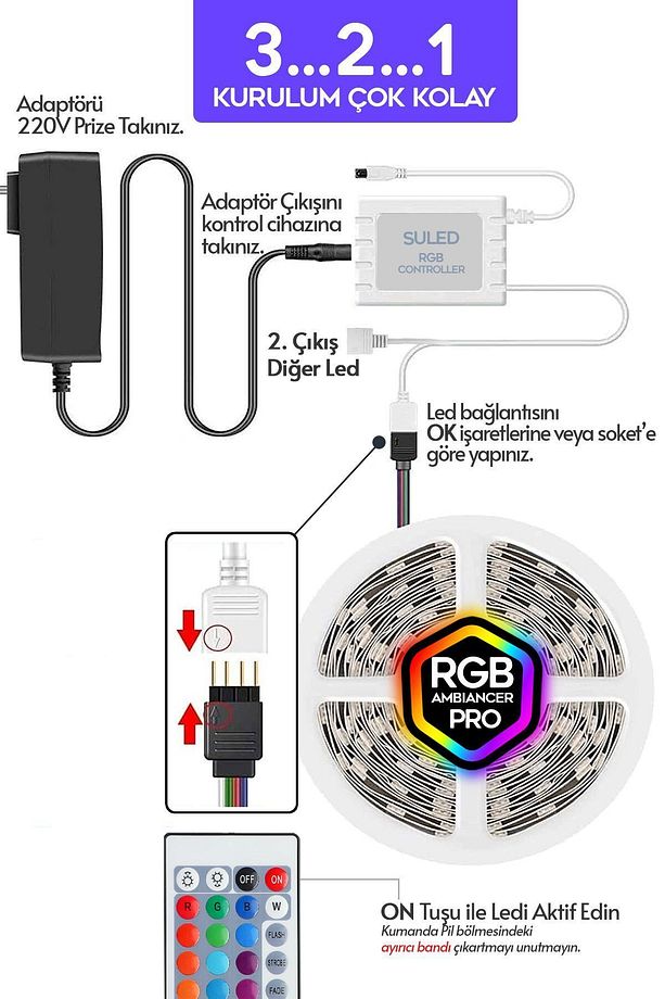 10 Metre Şerit Led 16 Mod Ambiyans Ortam Işığı Tak Çalıştır Kumandalı Trafolu Rgb Şerit Işık - 3