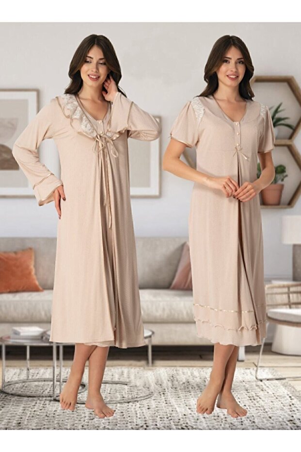 Short Sleeve Maternity Nightgown Dressing Gown Set 8025-mink