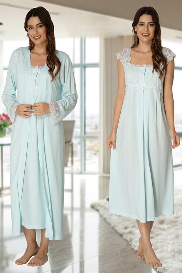 Zerre Baby Water Green Maternity Nightgown with Dressing Gown 2302