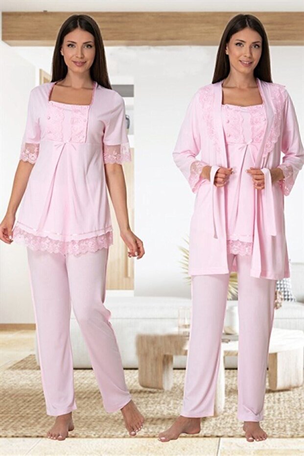 Freya Effort Lohusa Hamile Dantel Kollu Sabahlıklı Pijama Takımı - 1