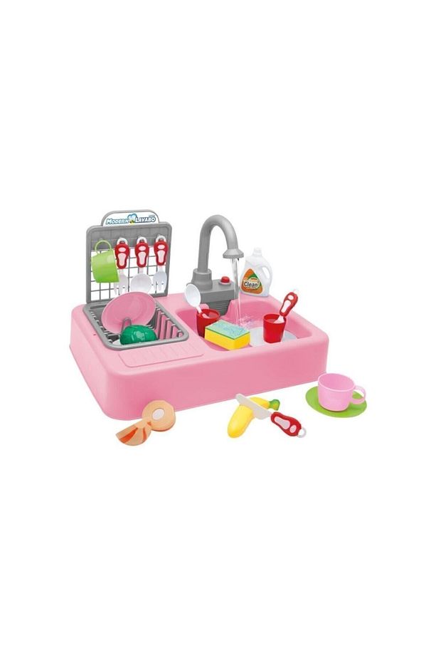 Pembe Mutfak Lavabo Seti Su ile Çalışır Çocuk Bulaşık Yıkama Çeşmeli Su Akar Oyuncak - 2