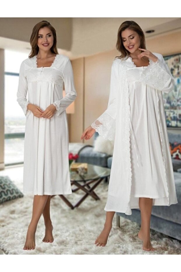 Women's Ecru Maternity Nightgown Dressing Gown