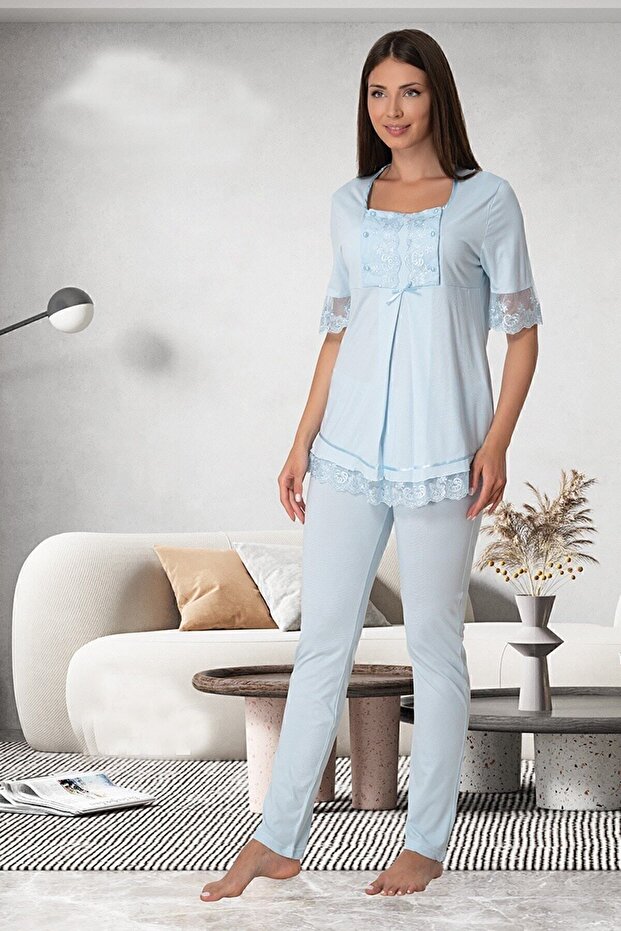 Breastfeeding-Friendly Cotton Maternity Pajama Set – Elastic Waist Effortt - Blue