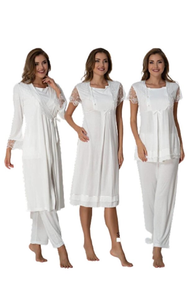 Ecru Nightgown with Dressing Gown Bottom Top Maternity Maternity 4-Piece Pajamas Set 2050