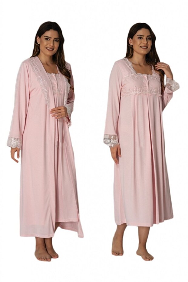 Women's Pink 2402 Maternity Nightgown Set with Dressing Gown