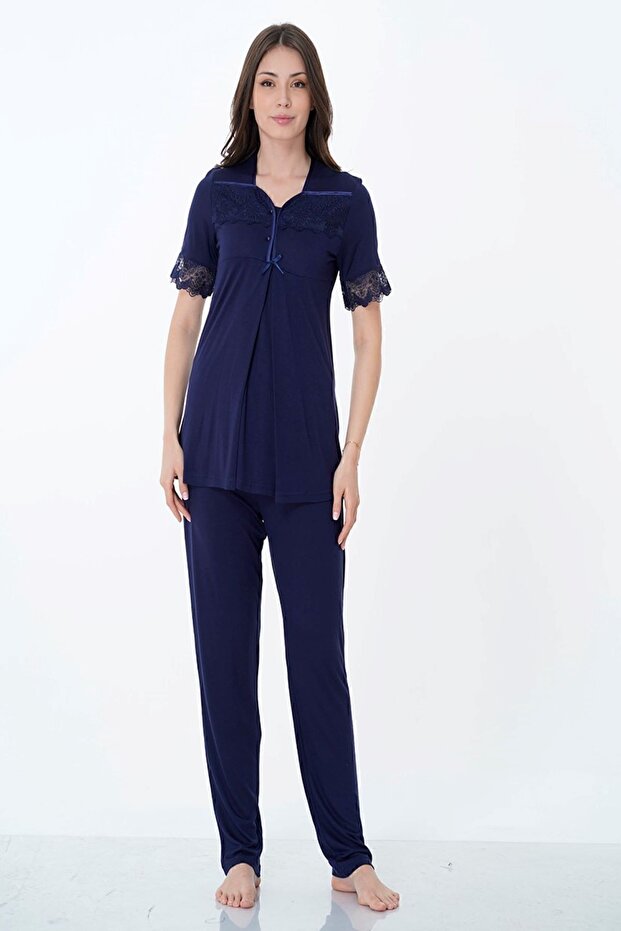 Breastfeeding-Friendly Cotton Maternity Pajama Set – Elastic Waist Effortt - Navy Blue