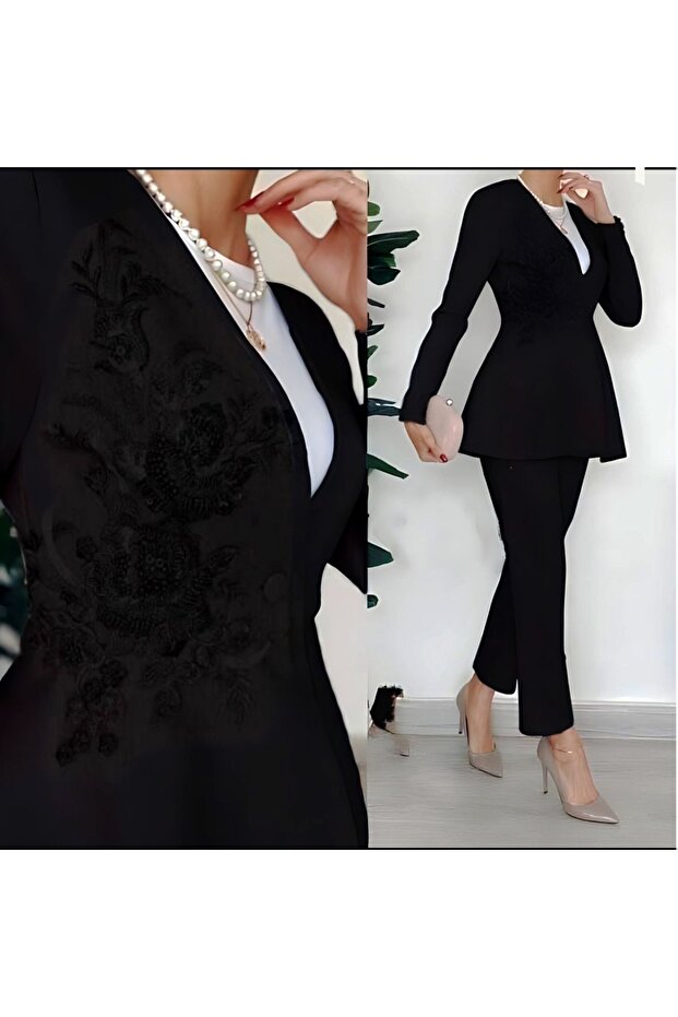 1403 Model - Flared Jacket and Trousers Set with Stone Detail