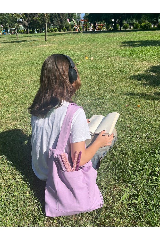 Lilac Linen Cloth Bag, Eco-Friendly Cloth Bag, Hand and Shoulder Bag with Pocket Detail