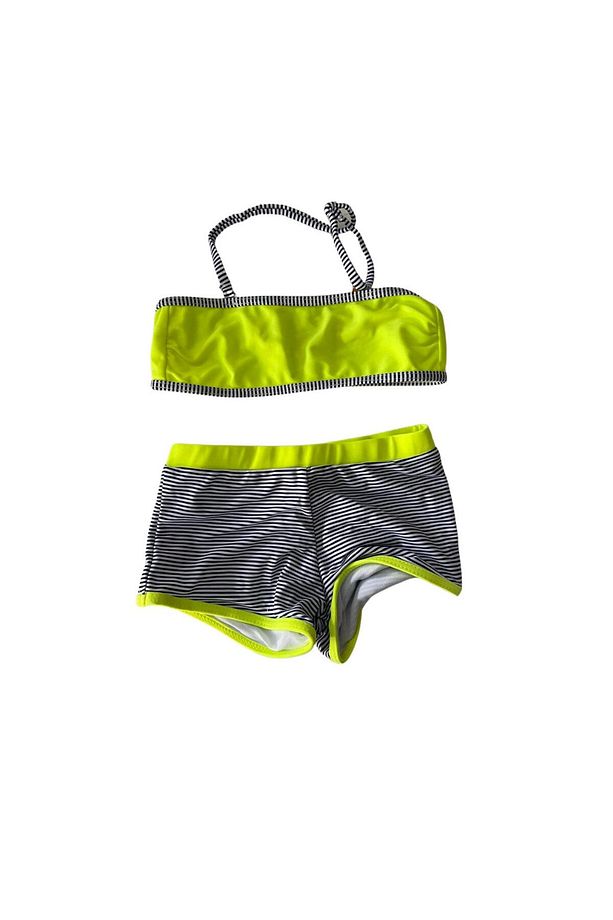 Kız Çocuk Neon Sarı Siyah Çizgili Şortlu 4-12 Yaş Straplez Bikini Takım HZL24S-LC9034 - 3