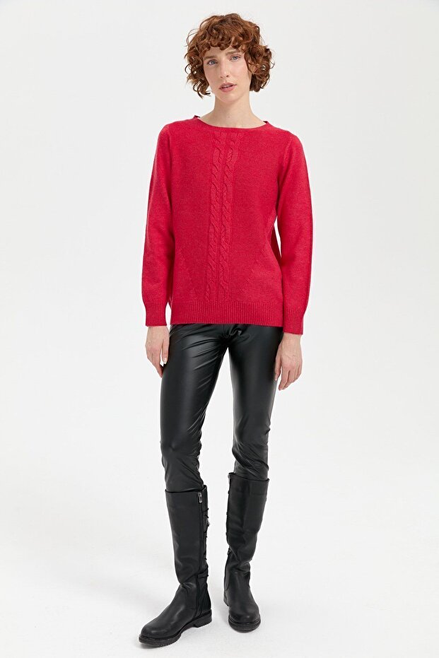 Women's Crew Neck Front Hair Braided Sweater Red