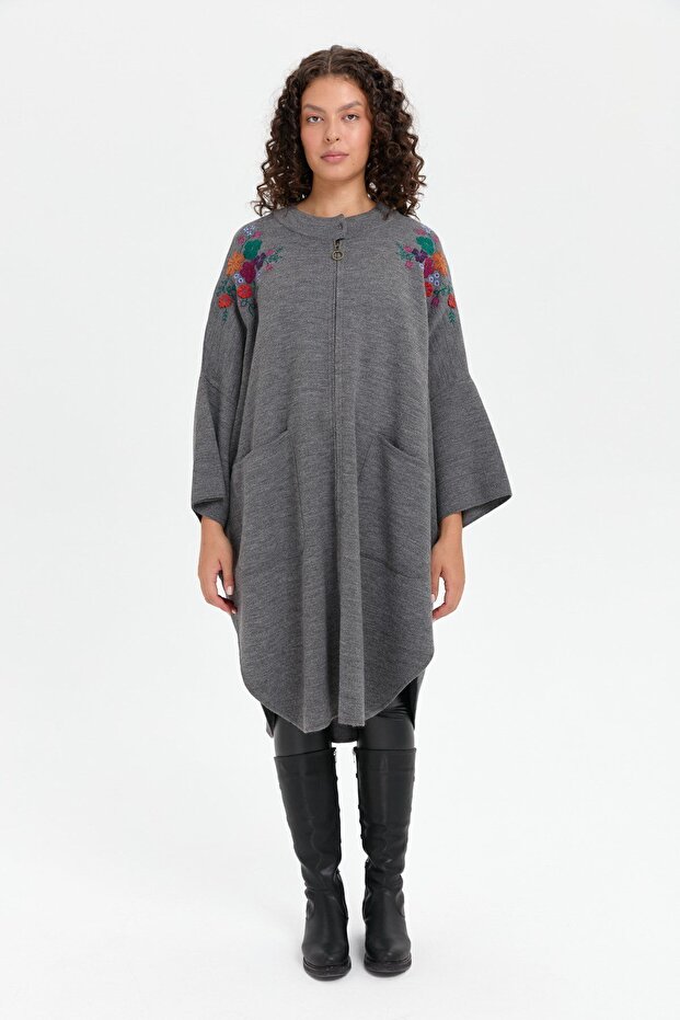 Women's Stand Collar Shoulder Embroidered Zippered Poncho G.Melange
