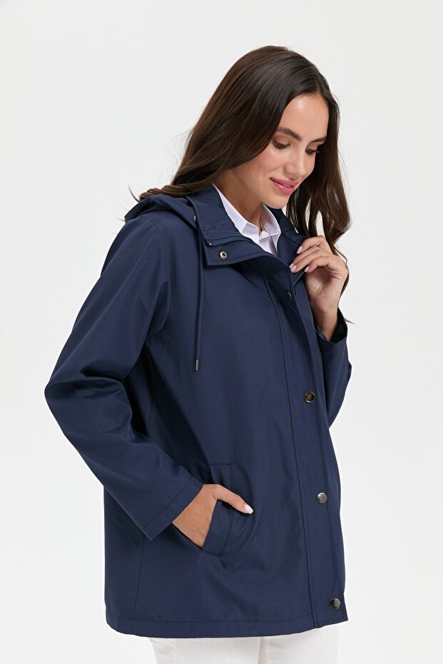 Women's Hooded Short Trench Coat with Side Pockets Navy Blue