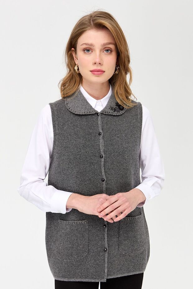 Women's Polo Neck and Pocket Crocheted Wool Vest Smoked
