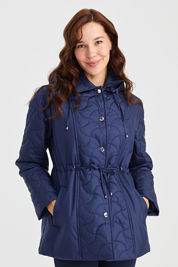Women's Hooded, Lace-Waist Quilted Coat Navy Blue