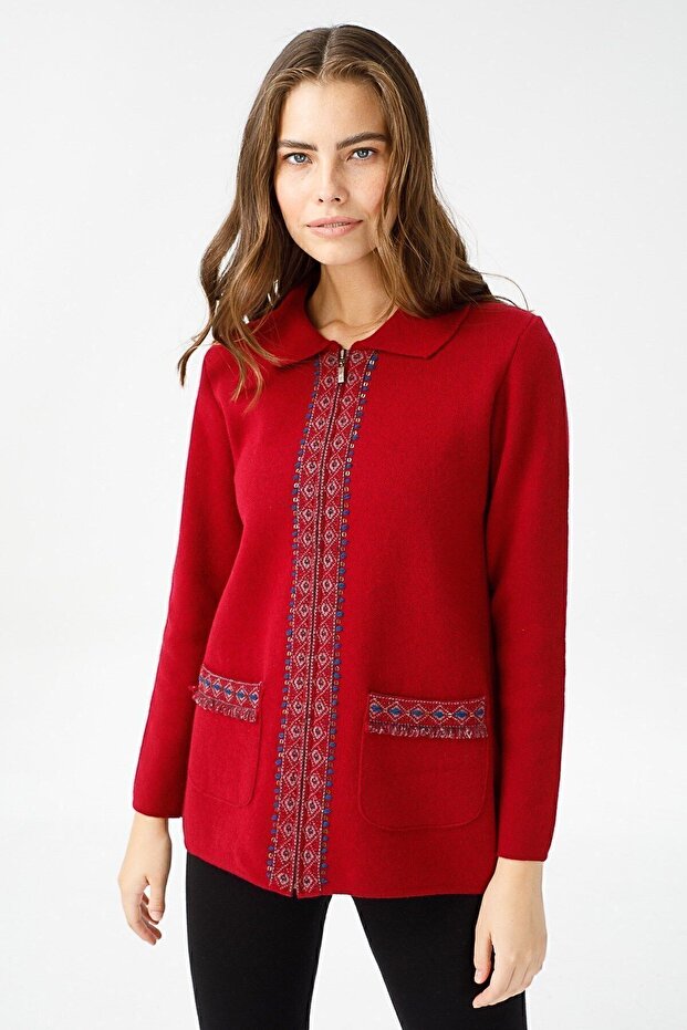 Women's Polo Collar Zipper Cardigan Cherry Rotten