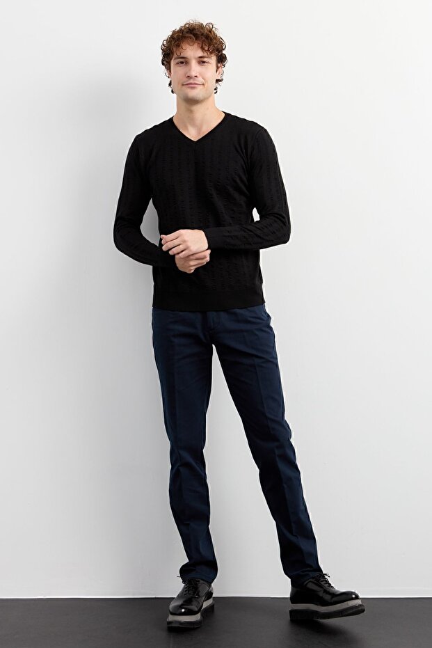 Men's V-Neck Patterned Plain Sweater Black
