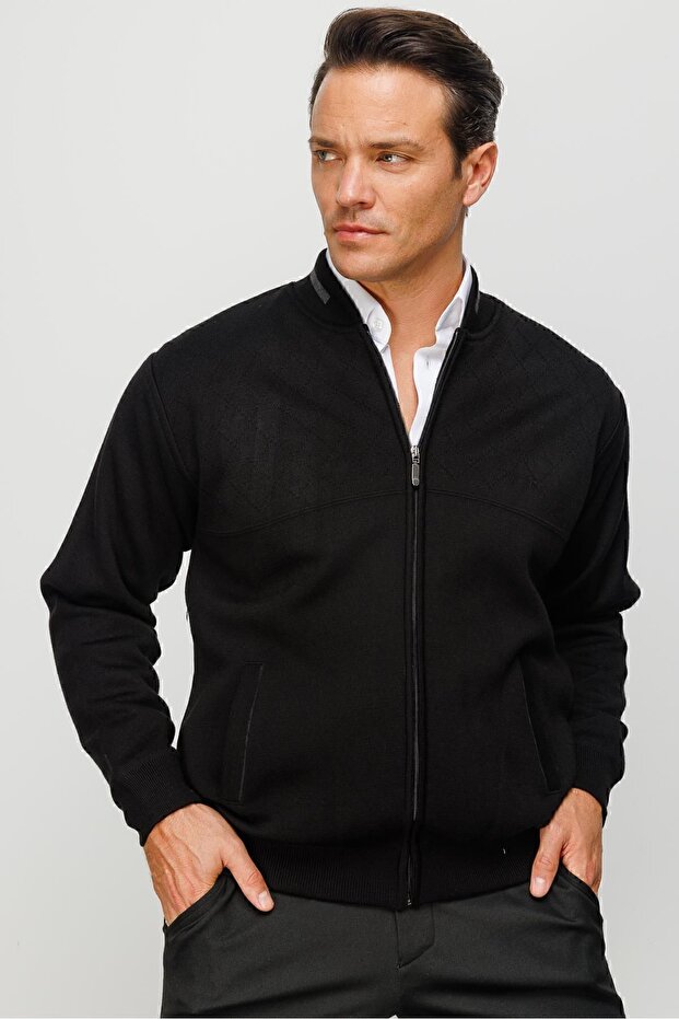 Men's Stand Collar Steel Knit Wool Knitwear Coat Black