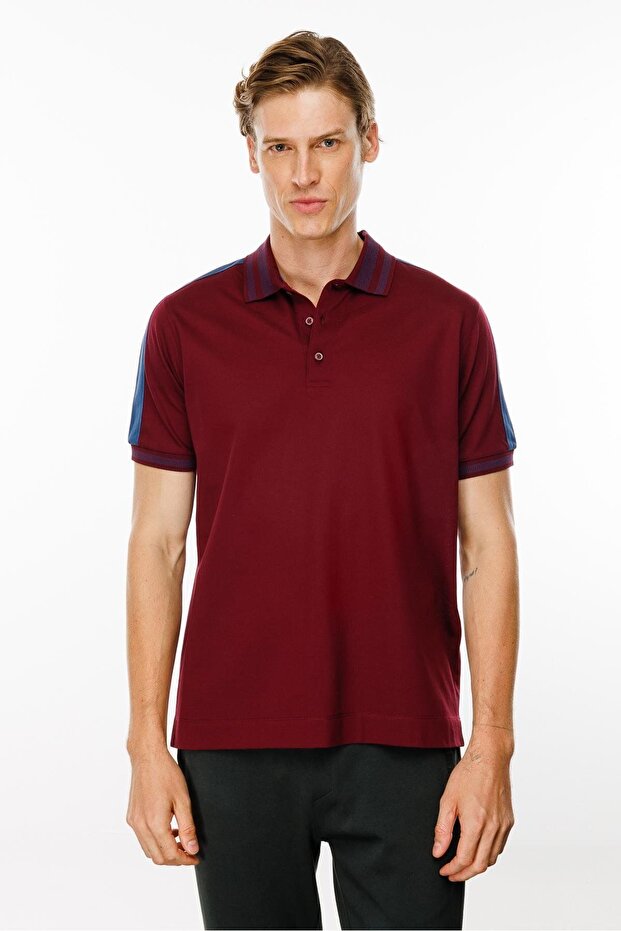 Men's Polo Collar T-Shirt with Shoulder Stripes, Burgundy